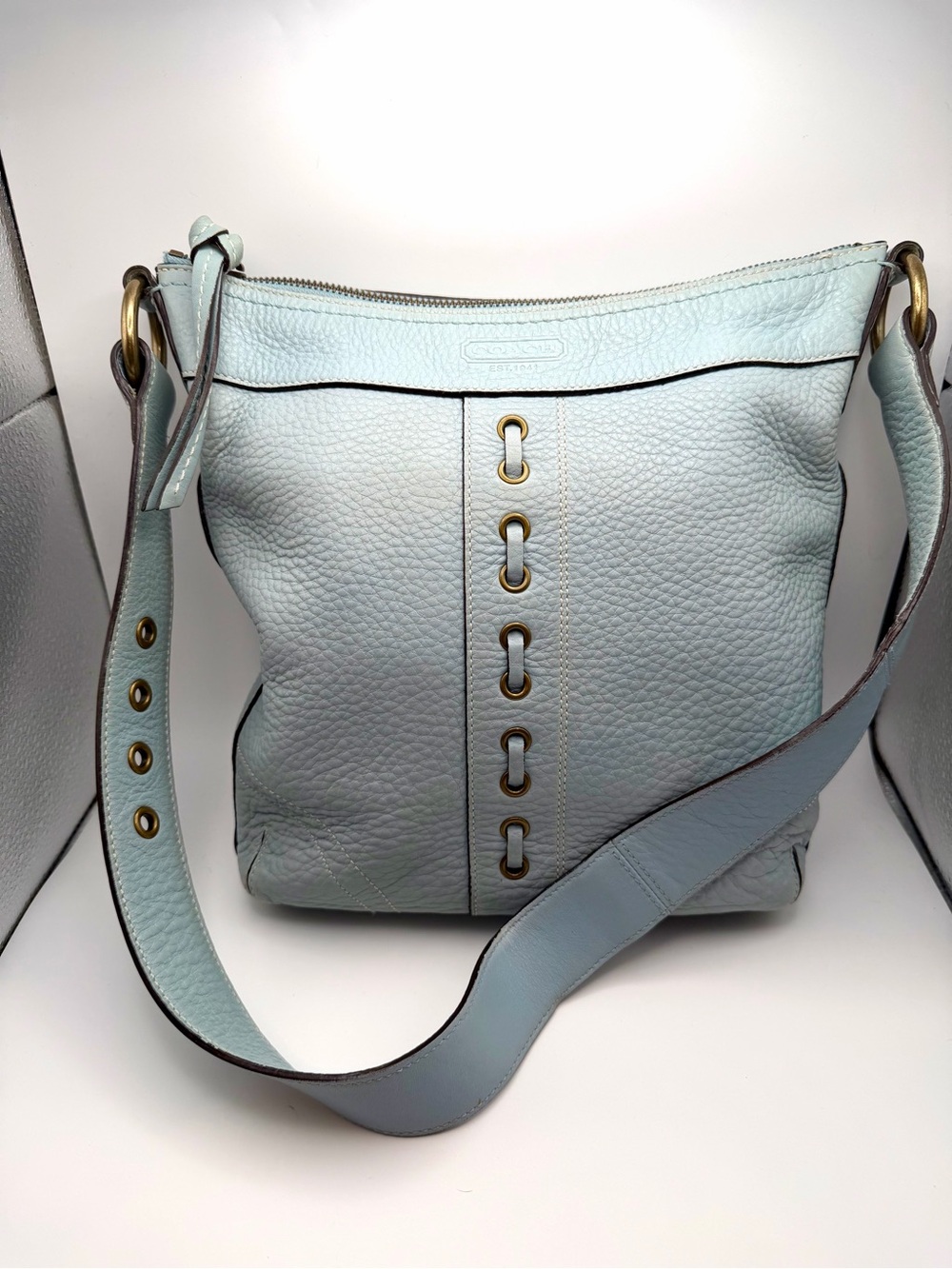 COACH Chelsea Laced Shoulder Bag Sky Blue Green Pebbled  Leather Style # 10716
